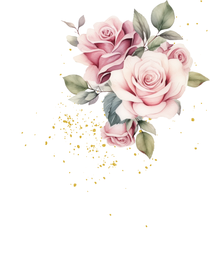 A bouquet of pink roses with green leaves surrounded by yellow splatters on a transparent background.