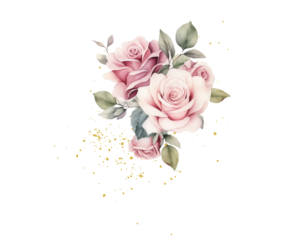 A watercolor-style illustration of pink roses with green leaves.