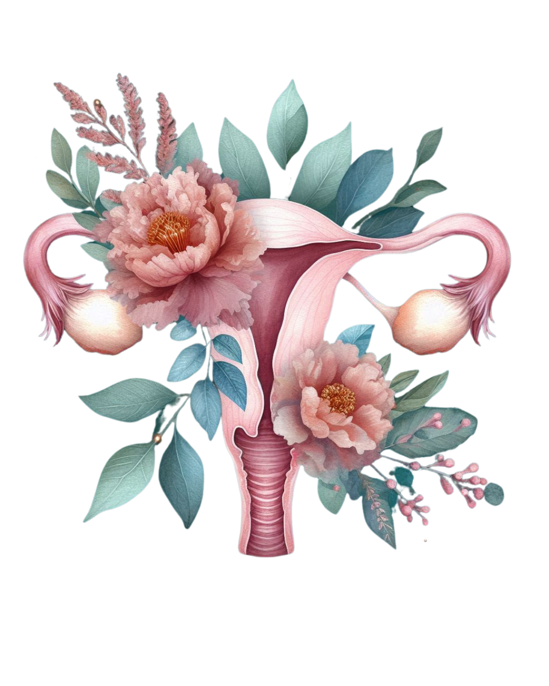Illustration of a female reproductive system decorated with pink flowers and green leaves.