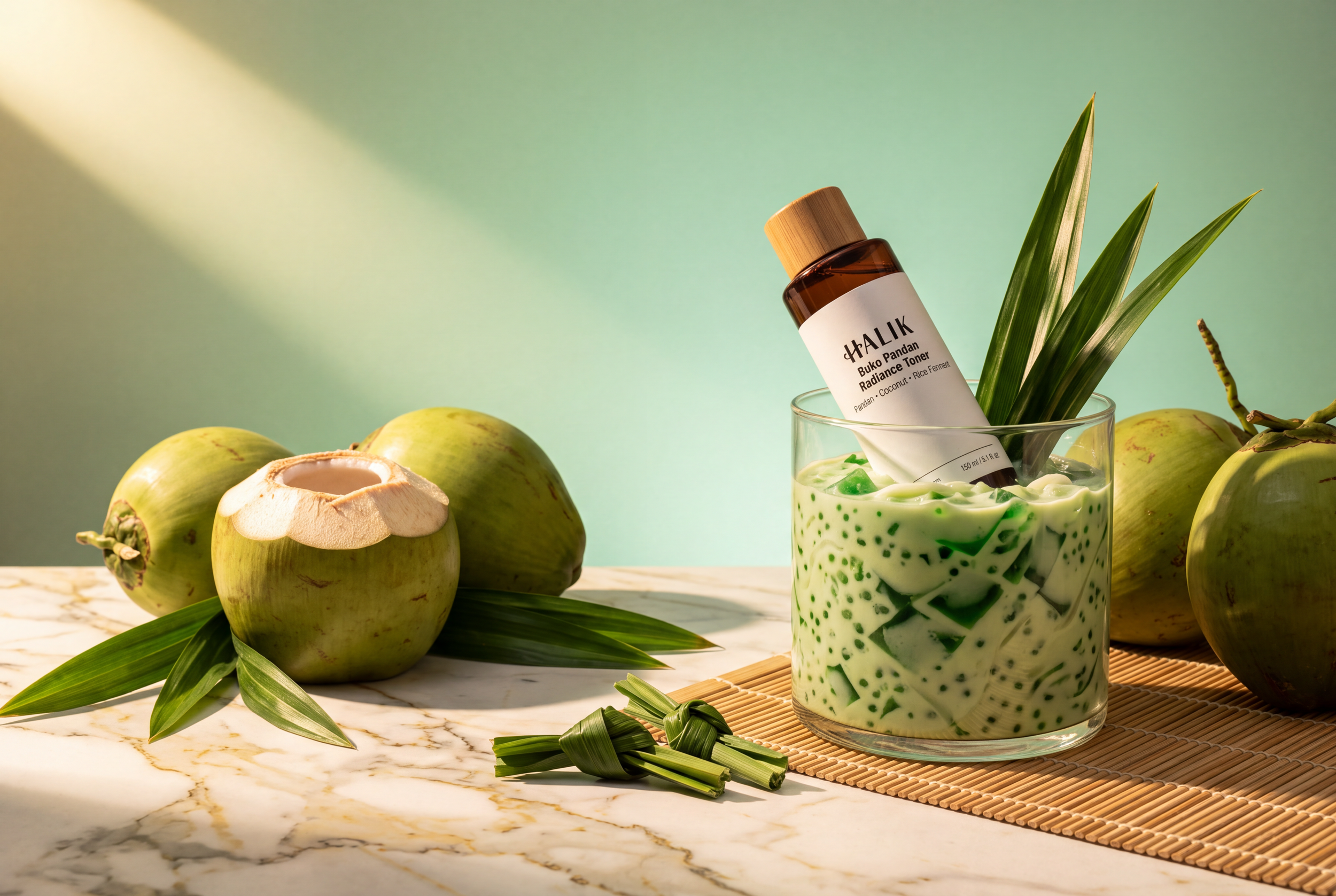 An amber bottle of facial toner sitting in a bowl of buko pandan dessert, surrounding by young coconuts.