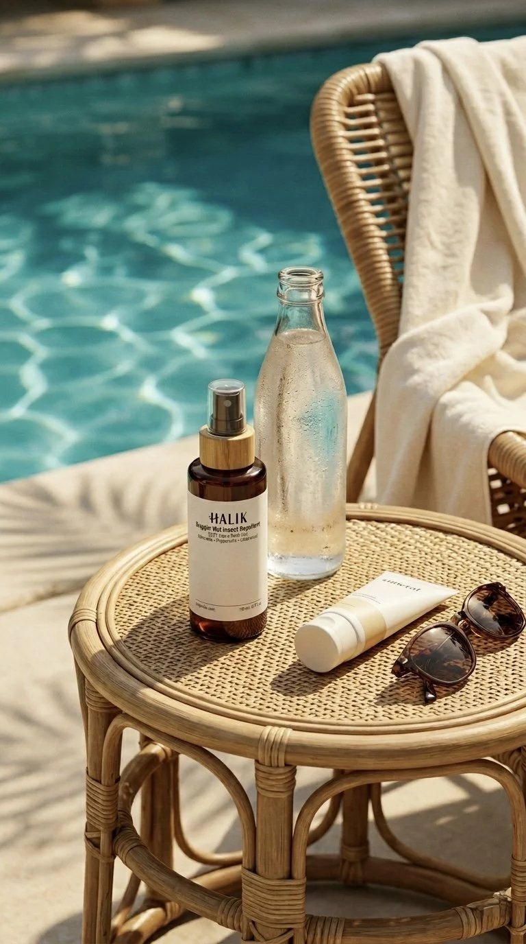 A wicker table next to a pool, holding a spray bottle labeled 'HALIK,' a glass water bottle, a tube of sunscreen, a pair of sunglasses, and a beige towel draped over a wicker chair.