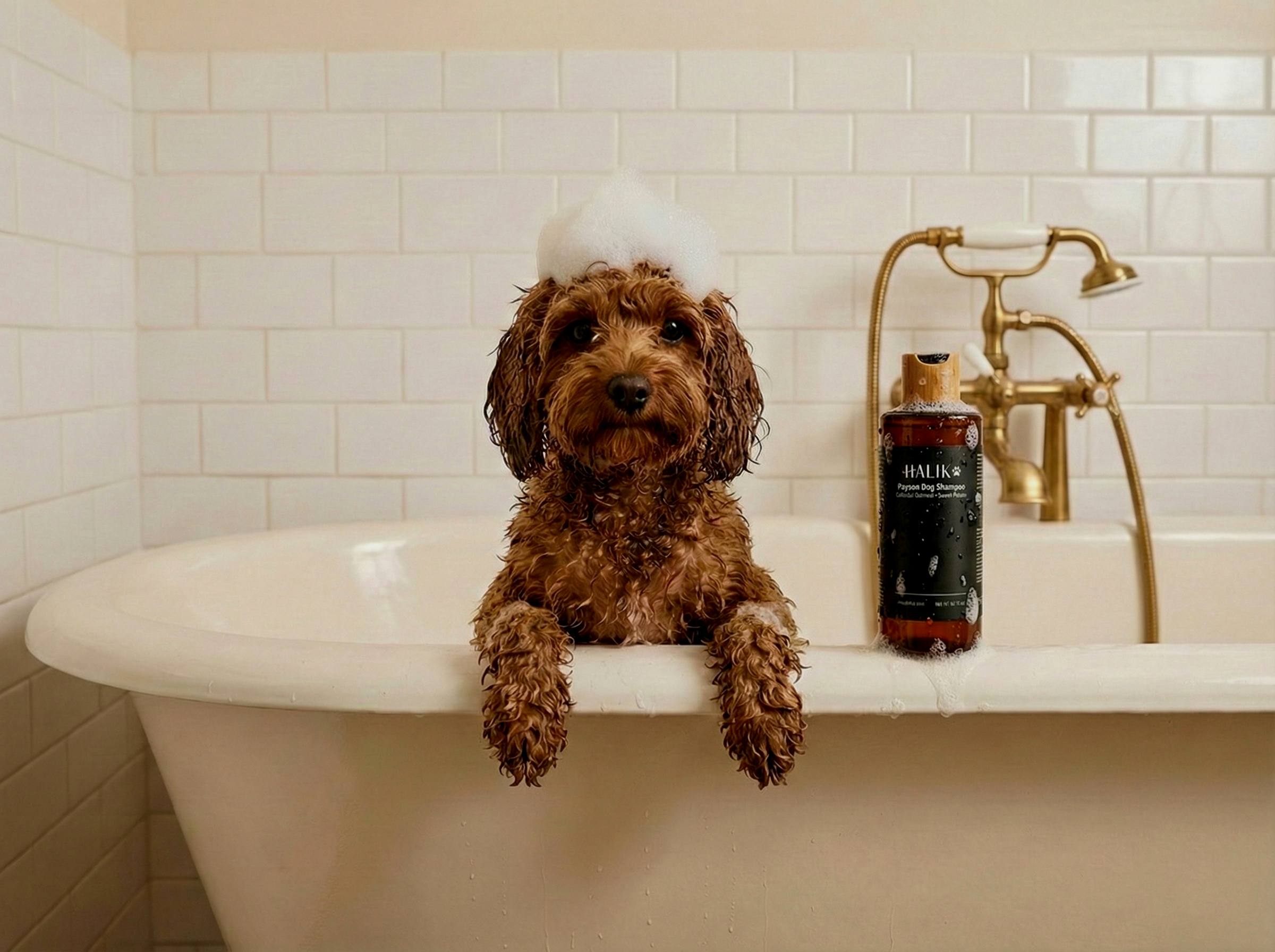 A wet brown curly-haired dog sitting in a white bathtub with bubbles on its head. There is a bottle of pet shampoo and a vintage-style bathtub faucet nearby.