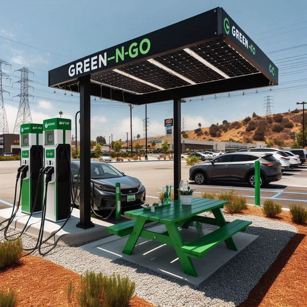 Electric vehicle charging station with green and white chargers labeled Astro and 3.0, a black car being charged, and a green picnic table with plants on top. There is a sign overhead that says 'GREEN-N-GO' and a parking lot with cars, buildings, hills, and power lines in the background.
