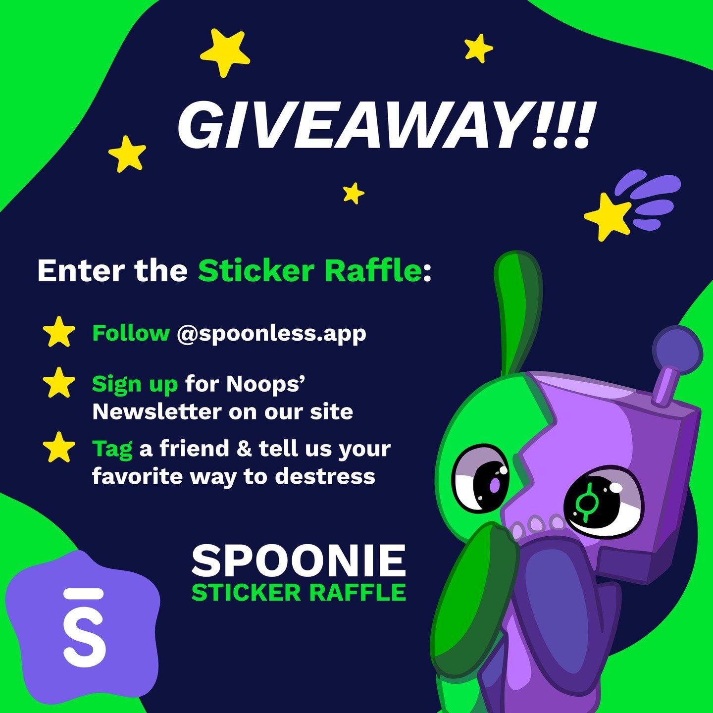 How to participate in Spoonless&rsquo; very first sticker raffle!

⭐ Make sure you&rsquo;re following us here @spoonless.app on Instagram
⭐ Sign up for Noops&rsquo; Newsletter right on our website (linktree in bio)
⭐ Tag a friend &amp; tell us your f