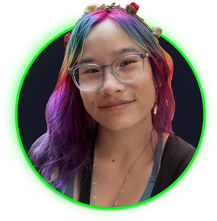 Lily, an Asian person with rainbow colored hair and a flower crown