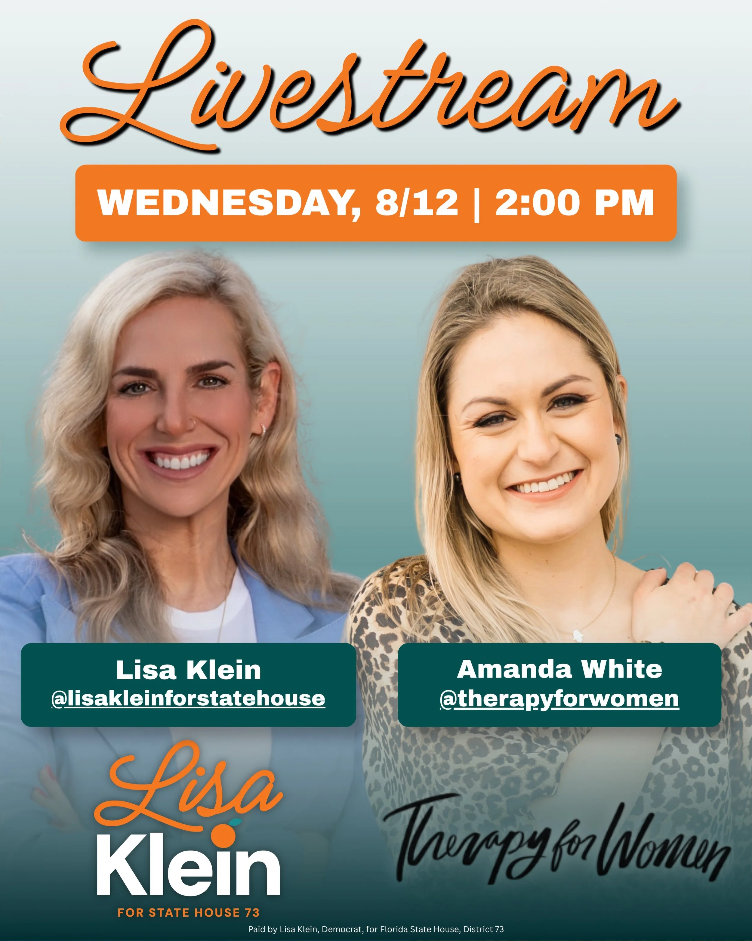 Join Lisa Klein (@lisakleinforstatehouse @lisakleincounseling ) and Amanda White (@therapyforwomen ) for an Instagram Live conversation! 

🗓️ Wednesday, August 12, 2026
⏰ 2:00 PM EST

We&rsquo;ll be discussing the intersection of Florida legislation
