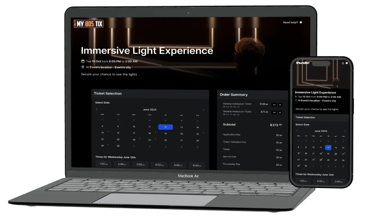 Website and mobile app screens displaying a ticket booking interface for an immersive light experience event on June 12, 2024, featuring date selection calendar, ticket options, and order summary.
