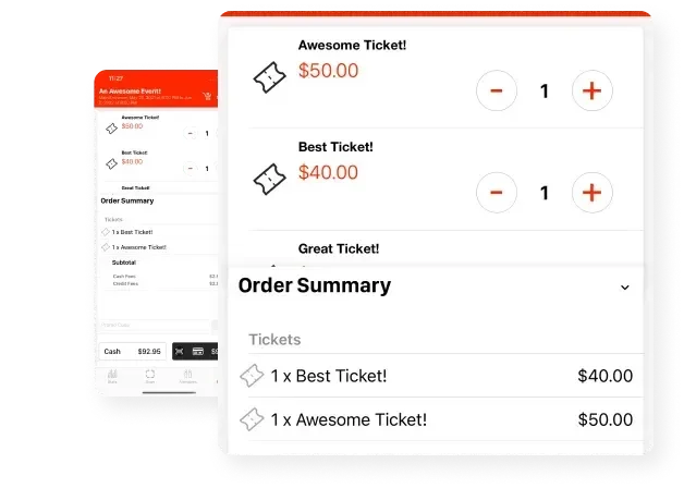 A digital receipt or order summary showing two tickets: an Awesome Ticket priced at $50.00 and a Best Ticket priced at $40.00, with options to adjust quantities, totaling $90.00.