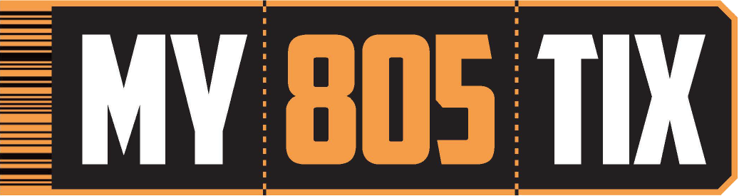 A ticket with the text "MY 805 TIX", featuring black, white, and orange colors, and a barcode on the left side.