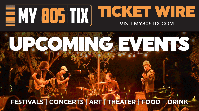 A promotional poster for upcoming events showcasing a live outdoor band performance at night, with trees and string lights in the background. The poster is from Ticket Wire and features the website my805tix.com, with details about festivals, concerts, art, theater, food, and drinks.