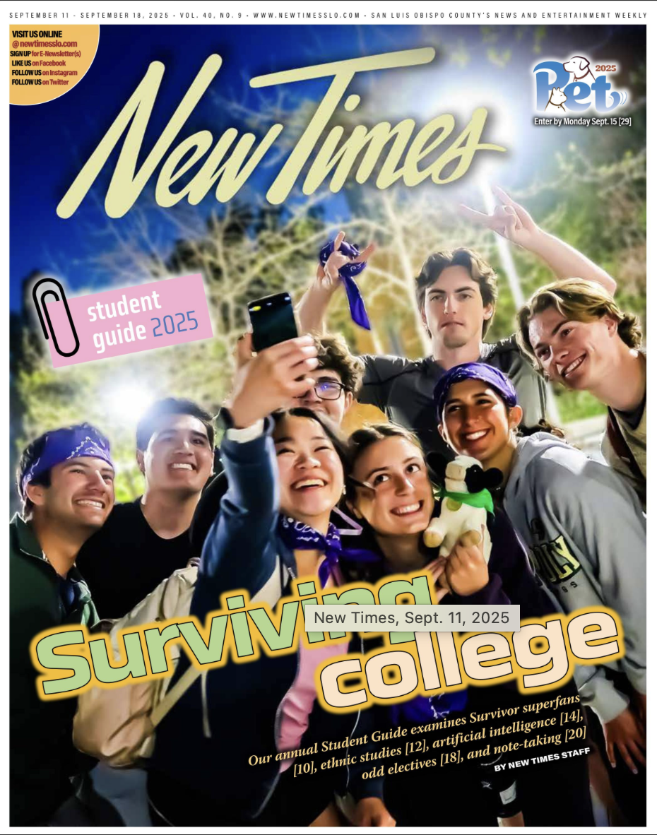 Cover of a school magazine titled 'New Times' dated September 11, 2025, featuring a group of seven diverse young students outdoors, taking a selfie, smiling, wearing casual clothing and purple bandanas, with a background of trees and a bright sky. The cover includes headlines about a student guide, college survival, and extracurricular activities.