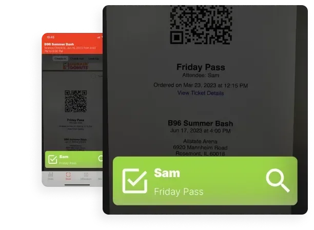 Two mobile phone screens displaying digital tickets. The larger screen shows a Friday Pass ticket for a B96 Summer Bash event at Allstate Arena on June 17, 2023. The smaller screen partially visible behind shows the same ticket.
