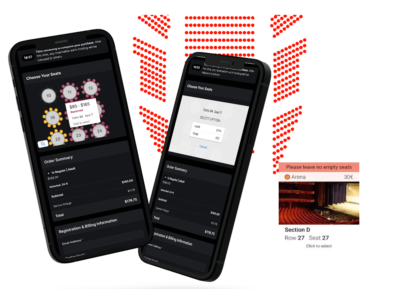 Two smartphones displaying seat reservation screens for a theater or concert venue. The screens show seat maps, pricing, and order summaries, with one phone highlighting a reserved seat and the other showing seat selection options. There are also images of theater seats and a warning message to leave empty seats.