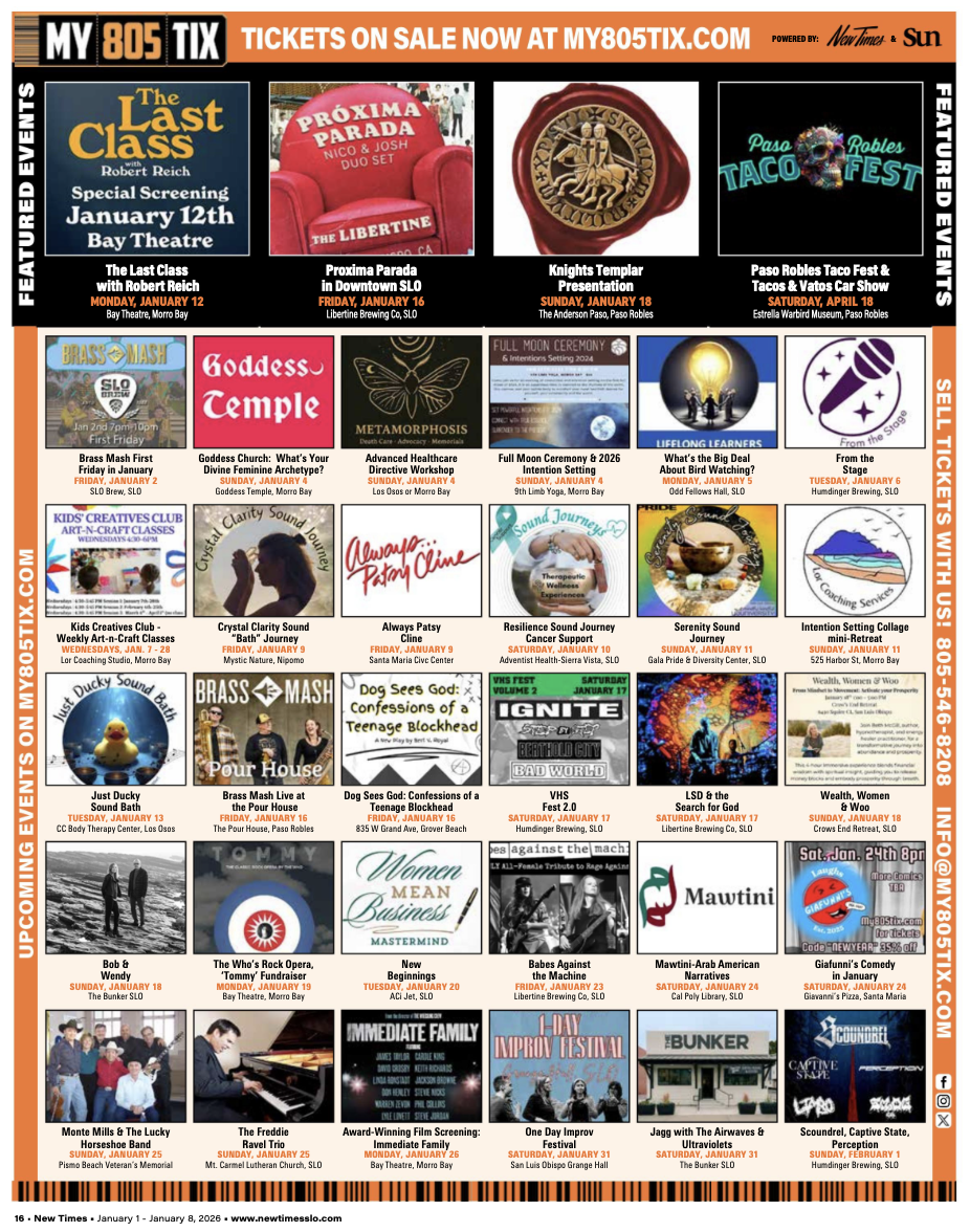 A flyer advertising upcoming events and feature events in San Luis Obispo, California, including theater performances, religious events, workshops, kid activities, live music, film screenings, and community festivals, scheduled from January 1 to January 31, 2026.