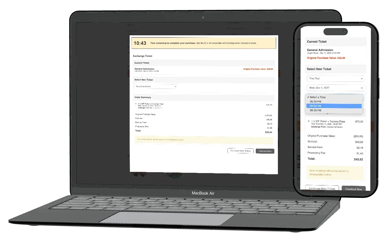 Laptop and smartphone screen displaying tickets for Tree Trail, showing selected time slots and purchase details for a visit.