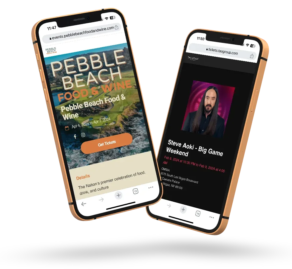 Two smartphones displaying event tickets. The phone on the left shows a ticket for the Pebble Beach Food & Wine festival running from April 4 to April 7, 2024. The phone on the right shows a ticket for a Steve Aoki concert titled 'Big Game Weekend' scheduled for February 8, 2024, from 10:30 PM to February 9, 2024, at 4:00 AM at Caesars Palace in Las Vegas.