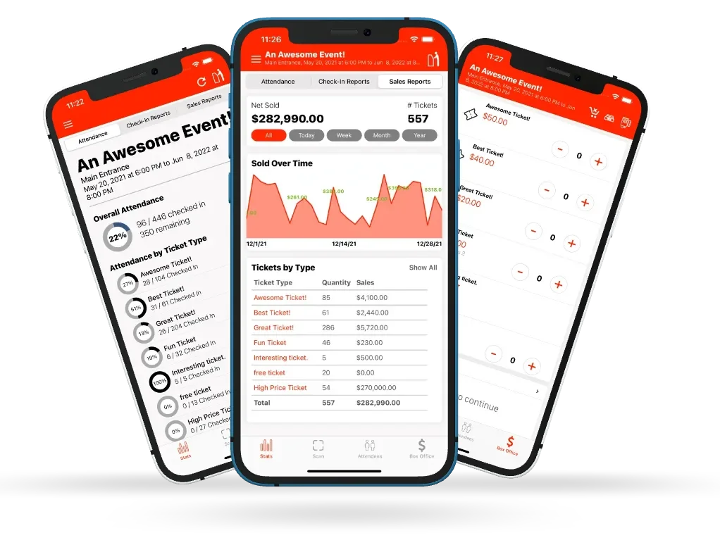 Three smartphones displaying an event management app with sales, ticket types, and attendance statistics for an event called "An Awesome Event."