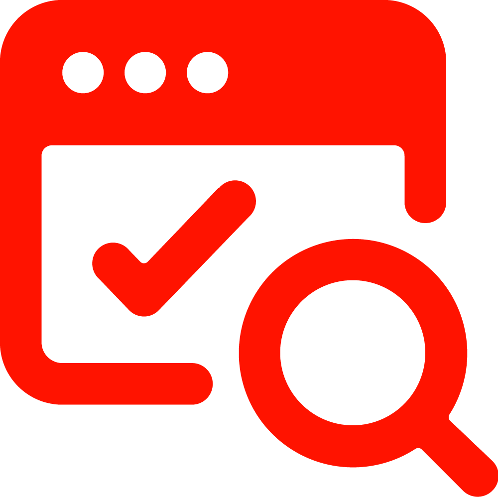 Icon of a red search engine results page with a checkmark indicating success or verification.