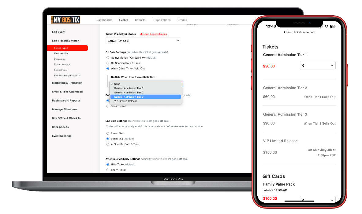 Laptop and smartphone screen displaying ticket management and sales platform for event tickets, showing ticket types, prices, and sale settings.