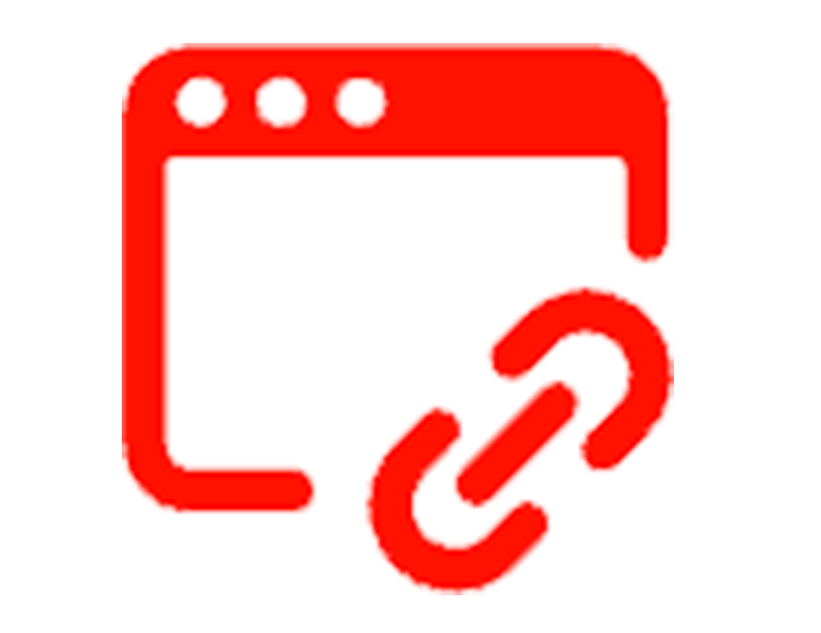 Red icon of a web browser window with a link or chain symbol in front.