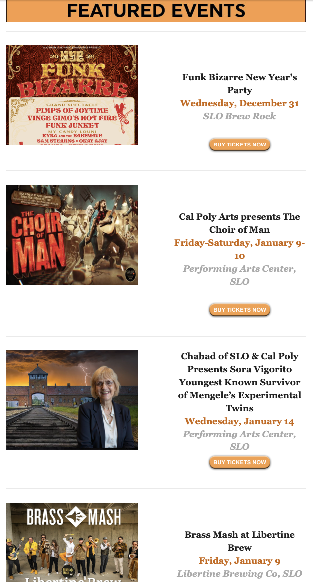 List of featured events with images, including a circus-themed New Year's party, a choir performance, a lecture about a survivor, and a brass band at a brewery.