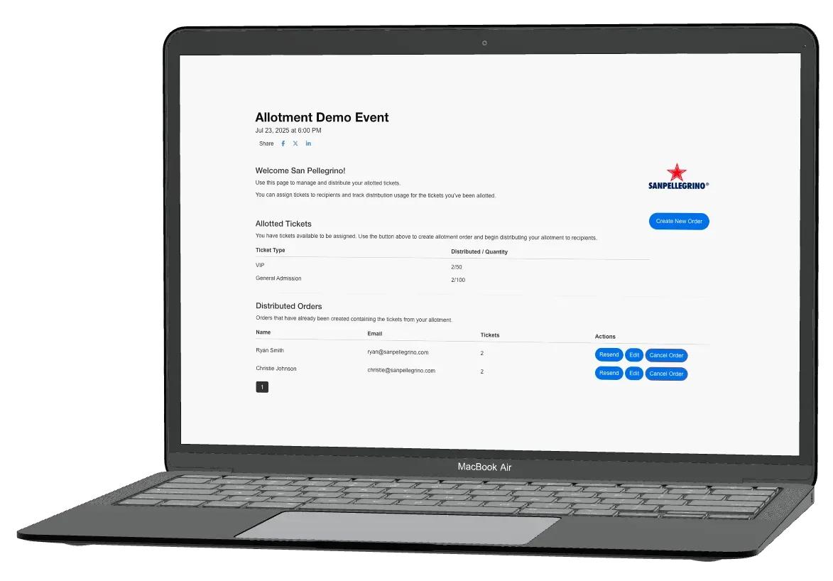 Screenshot of a laptop screen displaying an event management webpage titled 'Allotment Demo Event', dated July 23, 2025. The page includes options for creating new orders, managing allotted tickets, and viewing distributed orders for attendees named Ryan Smith and Christie Johnson. The webpage features a logo with a red star and the word 'SANPELEGRINO' and has buttons for resending, editing, or canceling orders.