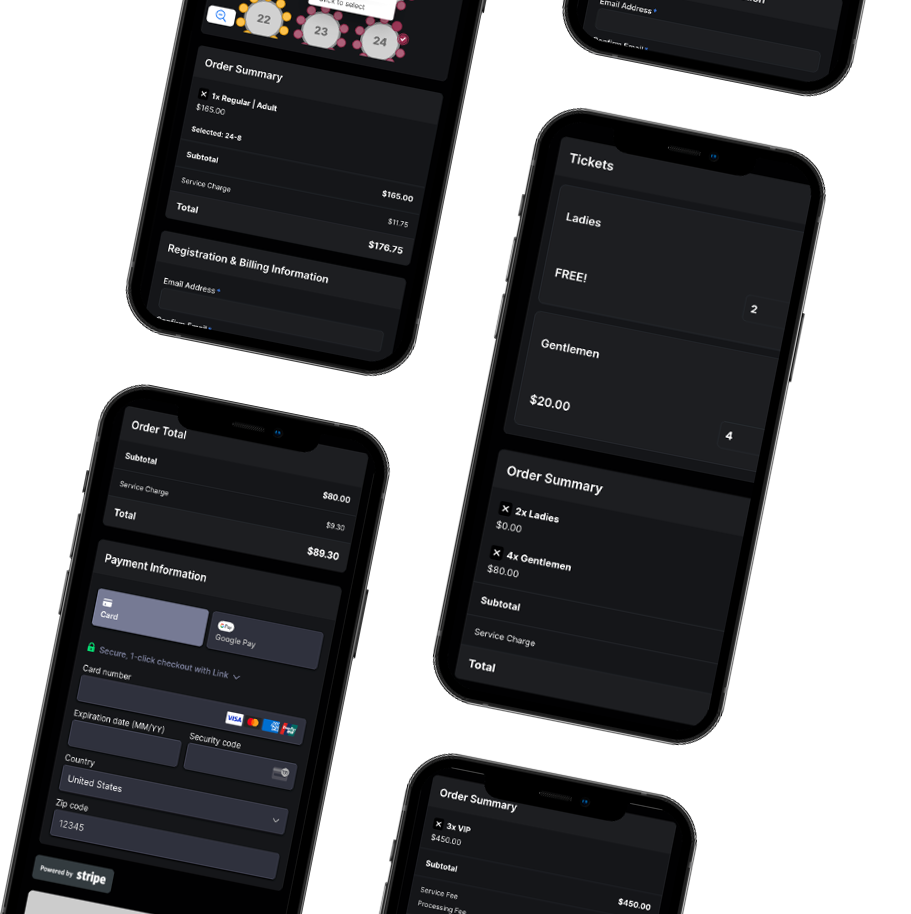 Multiple smartphones displaying event ticket purchase screens, including order summaries, ticket types, payment information, and total costs.
