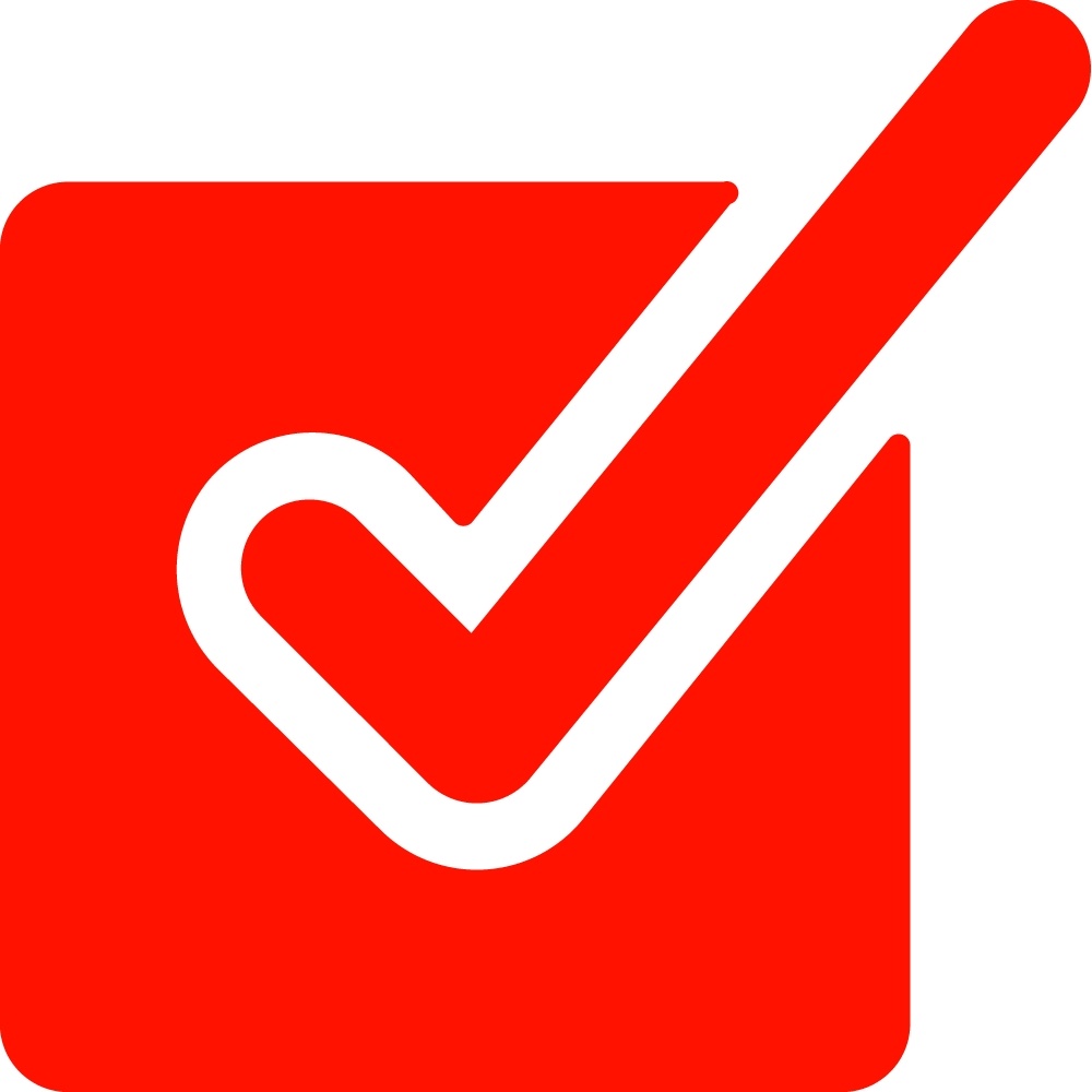 Red checkmark symbol on a red square background.