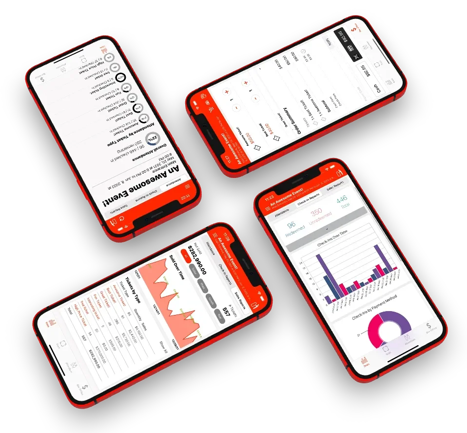 Four smartphones with red cases displaying various financial and activity tracking app screens on a black background.