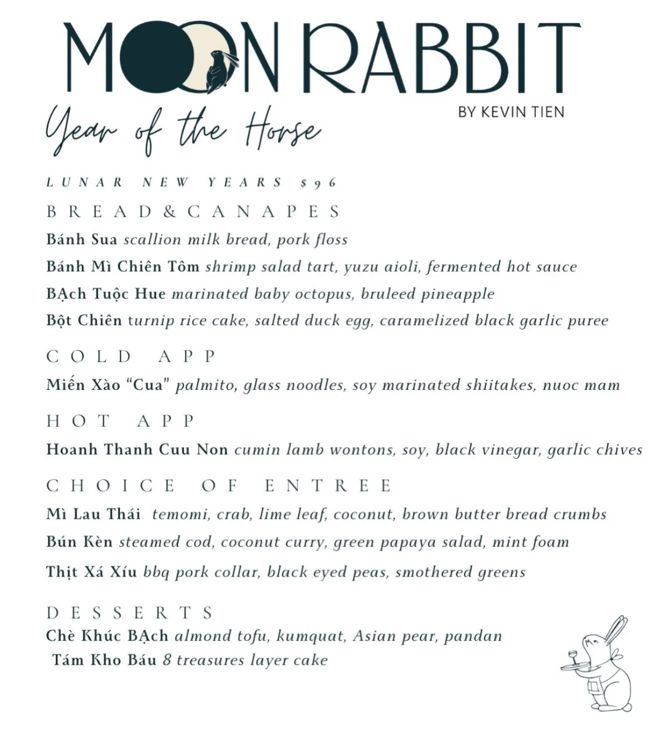 If you have a reservation tonight at Moon Rabbit, here&rsquo;s a sneak preview of our Lunar New Year &ldquo;Year of the Horse&rdquo; offerings ✨

The Horse brings strength and forward motion, and this year is especially rare as the Year of the Fire H
