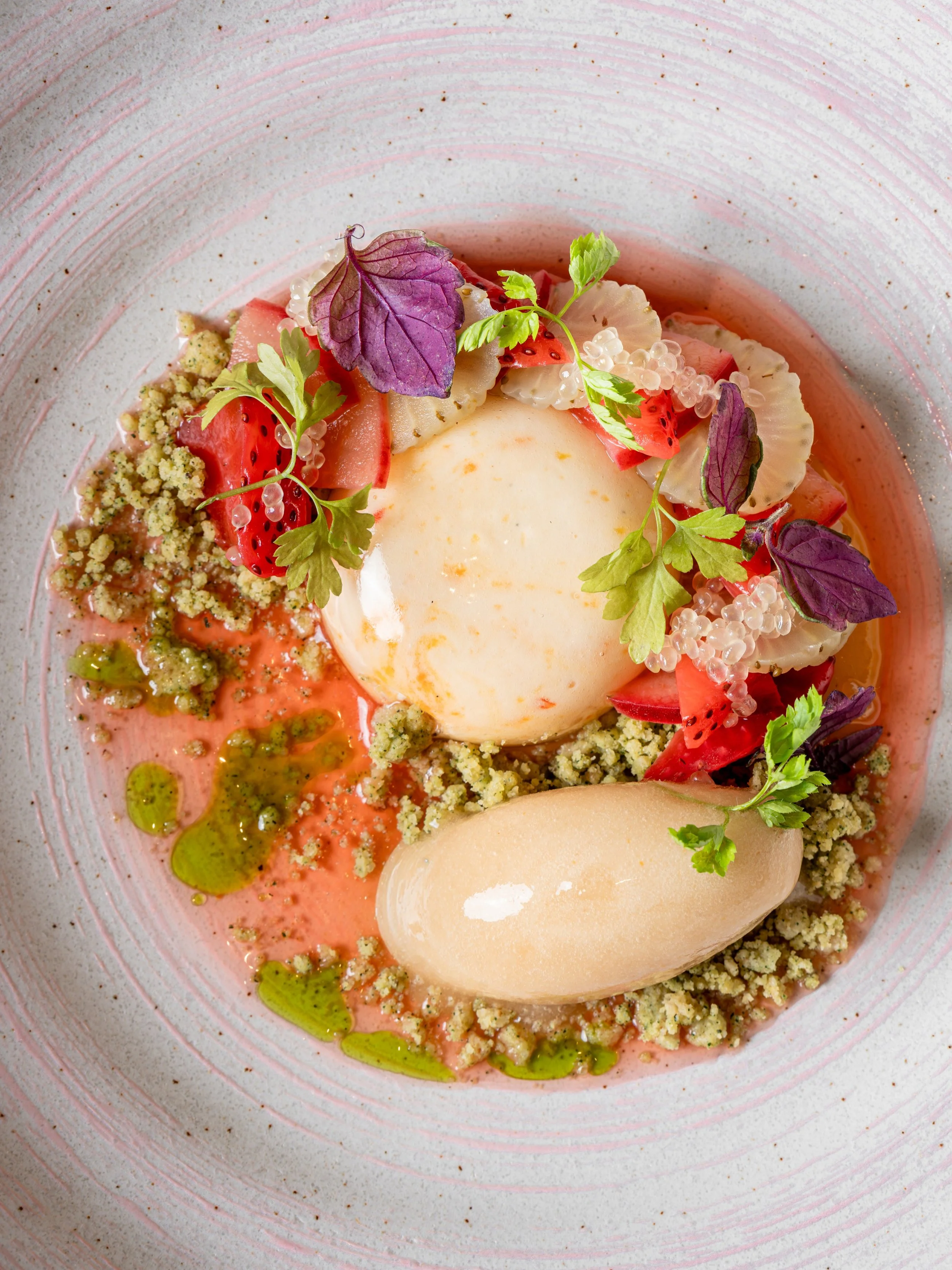 Summer, through Chef @susanbae&rsquo;s eyes.

Our new dessert, quả d&acirc;u, begins with strawberries &mdash; ripe, green, pickled, compressed, and poured into a delicate strawberry-peach consomm&eacute;. But the story travels further: to Da Lat, Vi