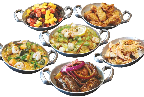 5 different dishes from Sulit Ala Carte 6 serve in a metal plate.