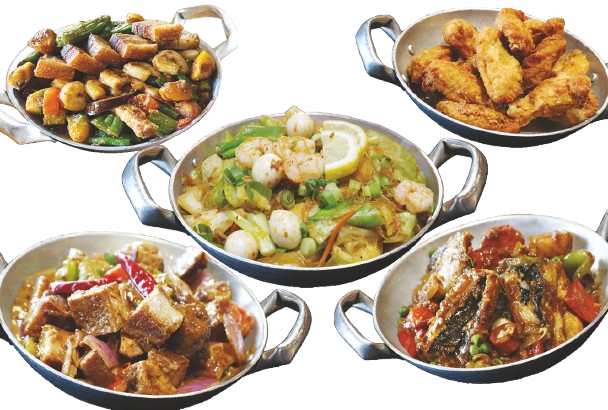 5 different dishes from Sulit Ala Carte 1 serve in a metal plate.