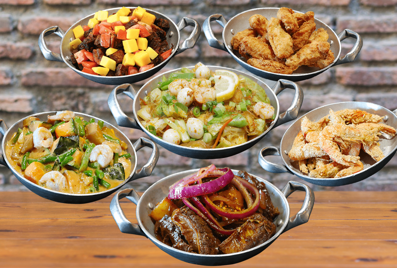 Sulit Ala Carte #6 with beef bistek, pancit bihon, ginataang green beans, crispy binagoongan and others