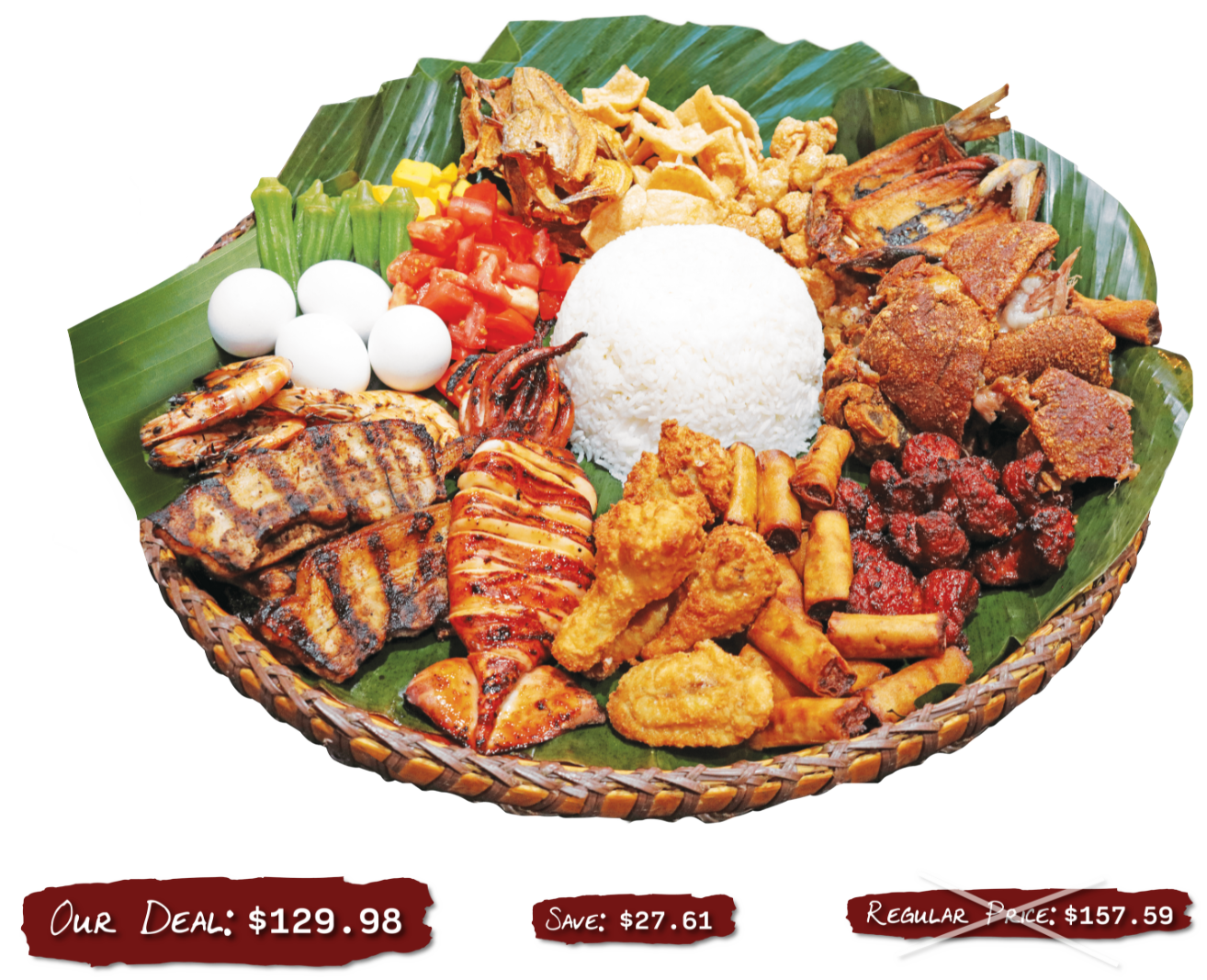 Sulit Bilao 3 meal served in a bilao with banana leaves. Regular price $157.59 Our Deal $129.98 Save $27.61