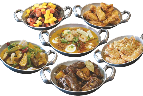5 different dishes from Sulit Ala Carte 3 serve in a metal plate.
