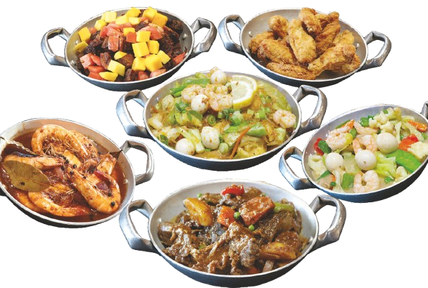 5 different dishes from Sulit Ala Carte 4 serve in a metal plate.