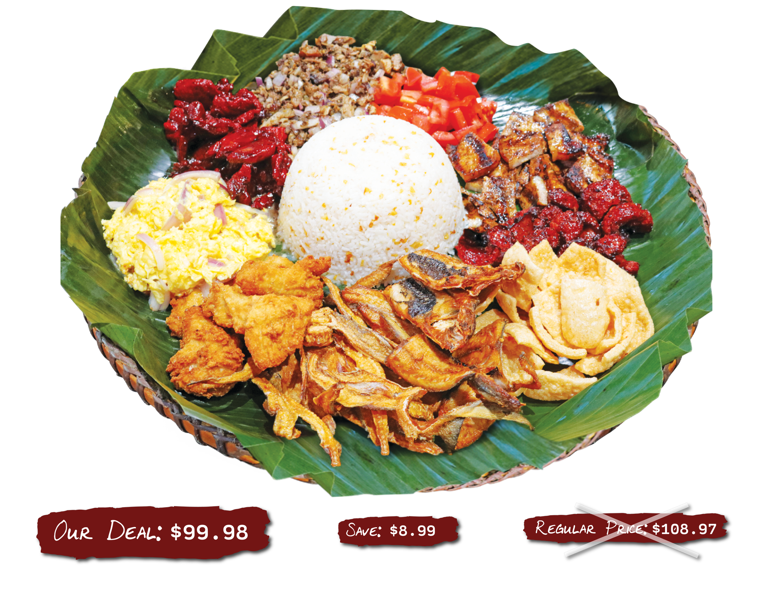 Sulit Bilao 2 meal served in a bilao with banana leaves. Regular price $108.97 Our Deal $99.98 Save $8.99
