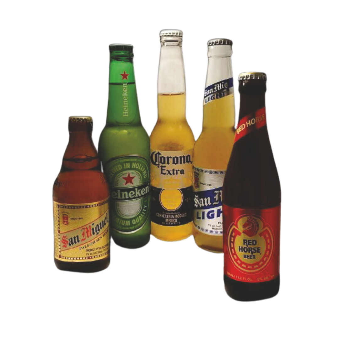 A picture of bottled beers such as San Miguel Beer, Red Horse, Corona, San Mig Light and Heineken