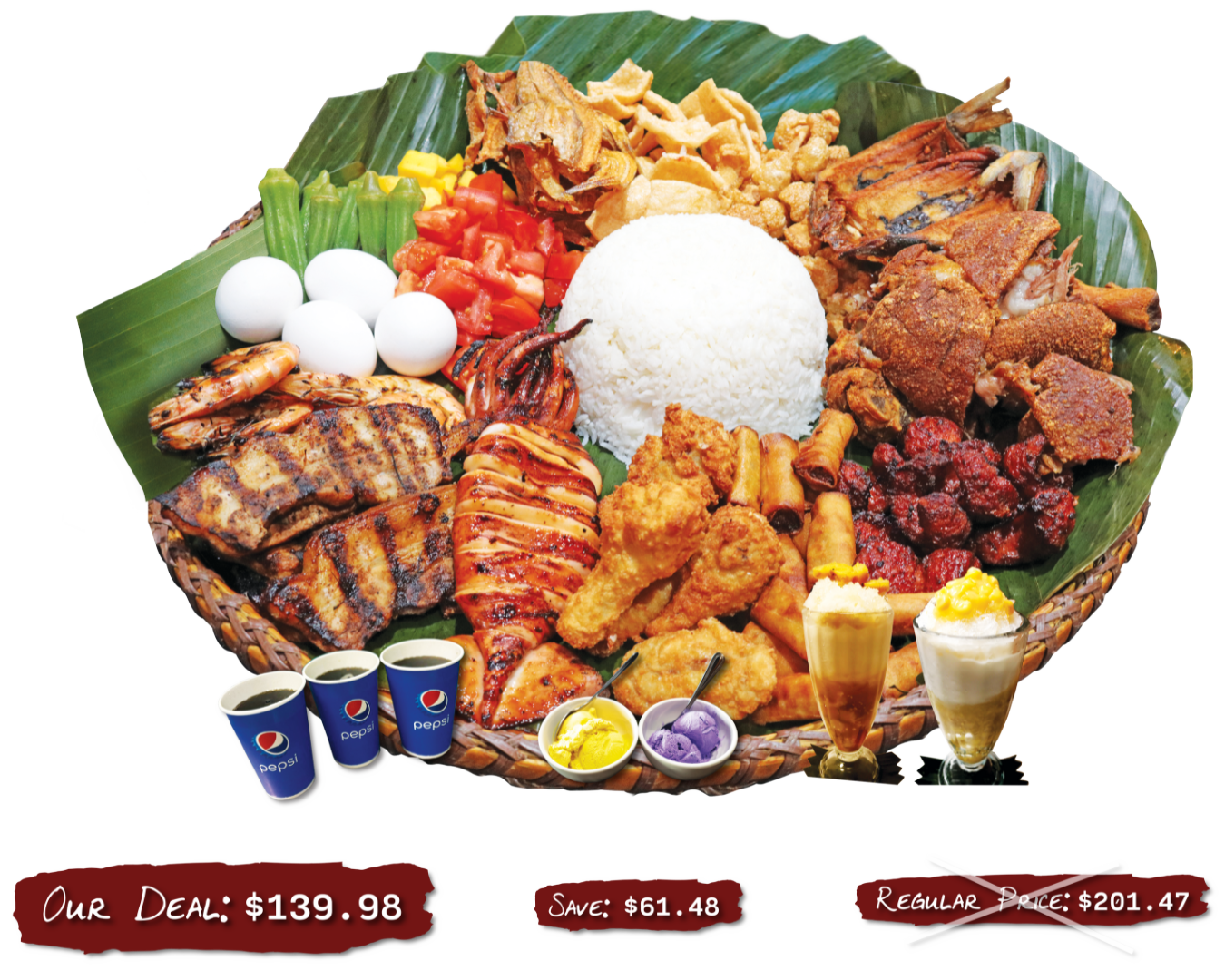 Sulit Bilao 4 meal served in a bilao with banana leaves. Regular price $201.47 Our Deal $139.98 Save $61.48