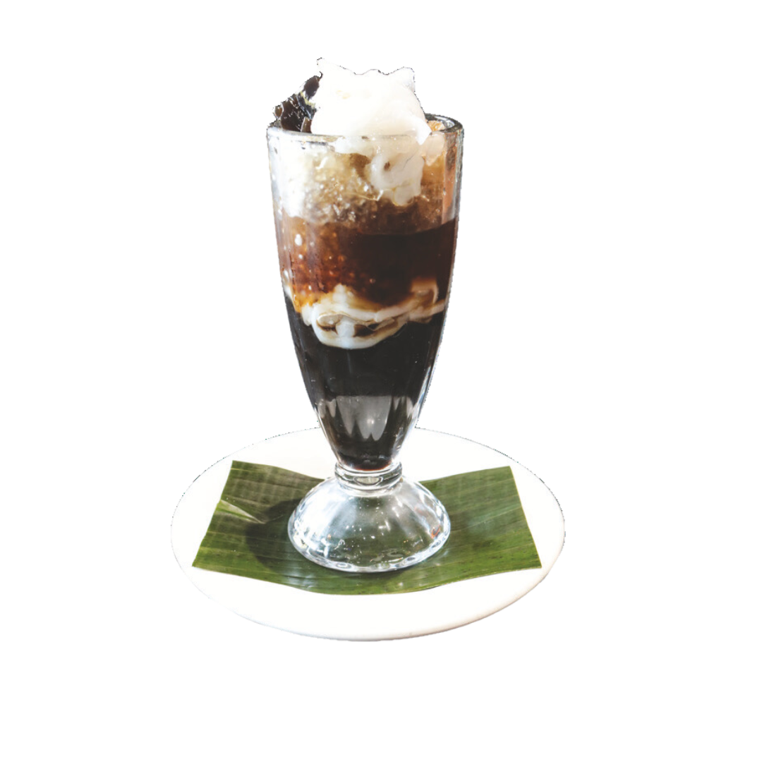 A picture of black gulaman with jelly, coconut meat and crushed ice.