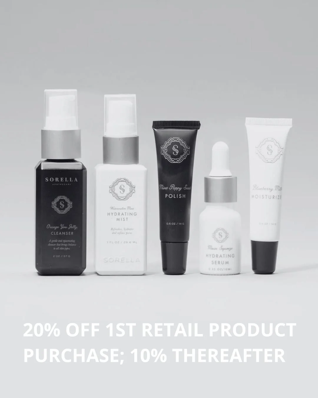 Black and white photo of a person holding a COSMEDIX skincare sample pack and a bottle of COSMEDIX skincare product. Text overlay states: '20% OFF 1ST RETAIL PRODUCT PURCHASE; 10% THEREAFTER.'