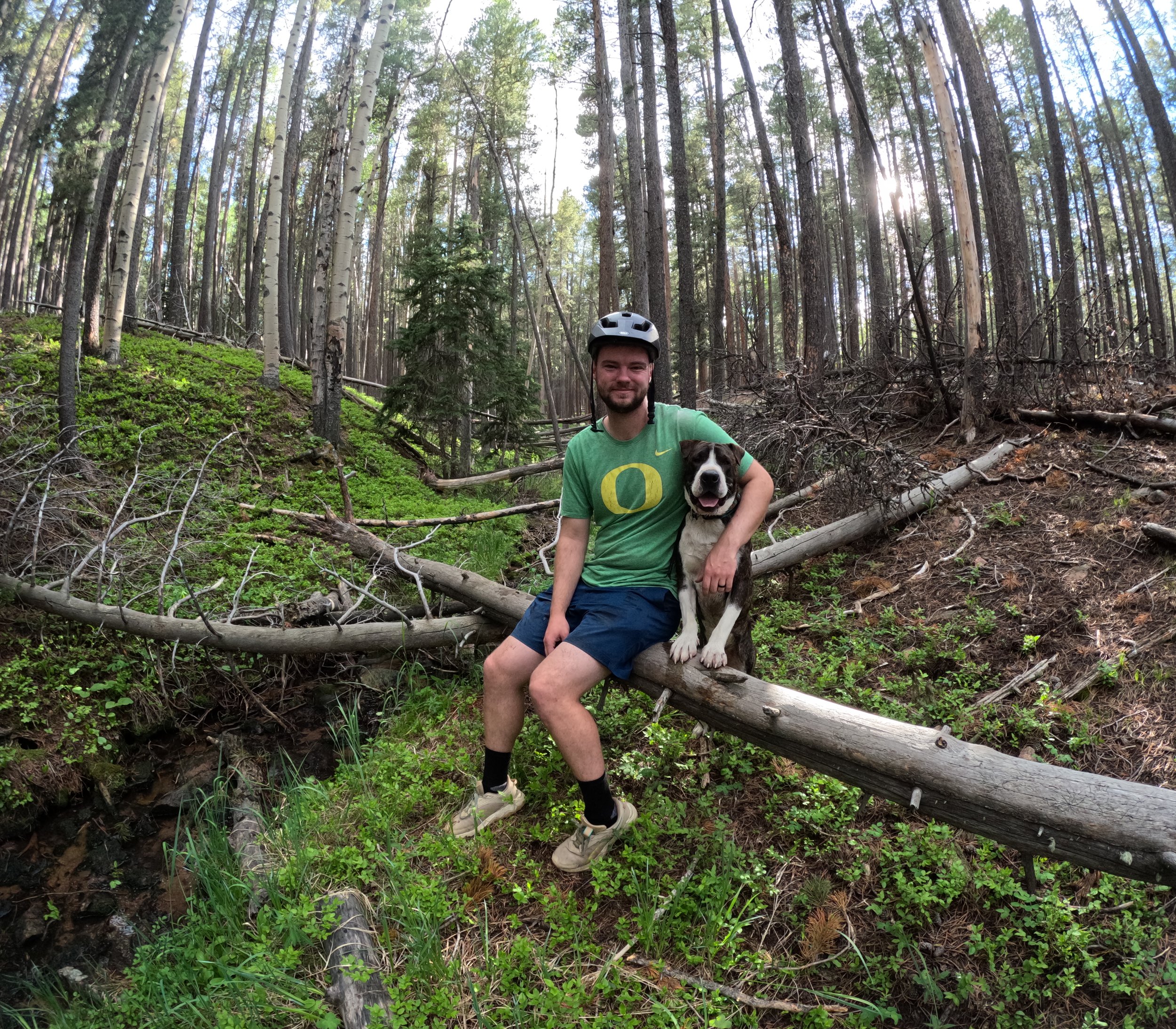 A man wearing a helmet and a green Oregon Ducks t-shirt sitting in a forest with a black and white dog, surrounded by tall trees and green foliage.