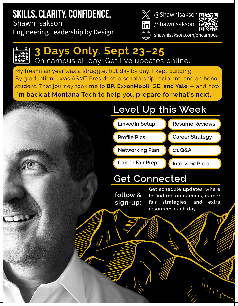 Flyer for Shawn Isakson's three-day Montana Tech campus visit, September 23 to 25, 2025
