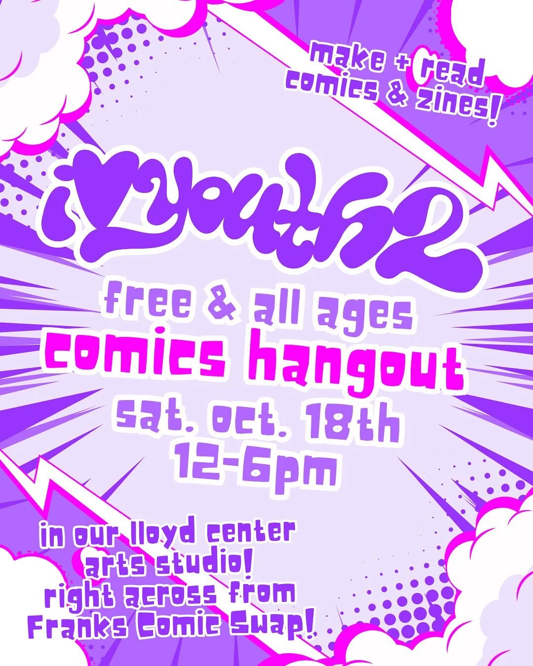 TOMORROW, the super rad @frankscomicswap is happening right across the mall from us, so we&rsquo;re having a FREE, ALL AGES comics hangout! Come read comics and zines, create a character, draw, or make a whole zine!!

12 - 6pm in the ILYouth2 Studio
