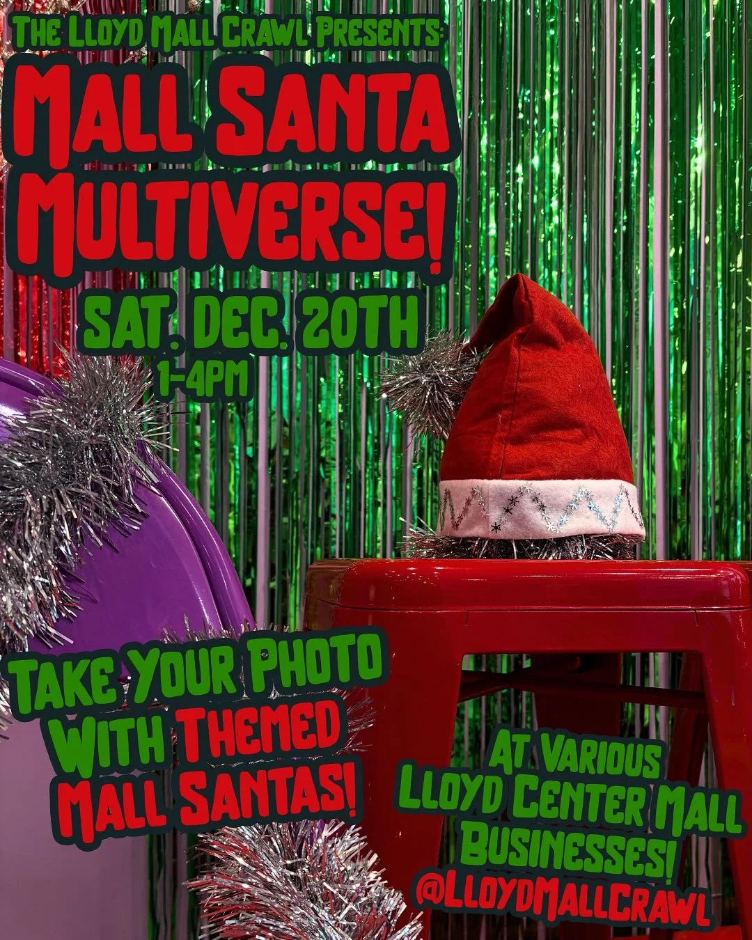 🎅🏼🪐 TOMORROW! Saturday, December 20th, 1-4pm : ENTER THE MALL SANTA MULTIVERSE AT THE LLOYD CENTER!!!

🔴 Pinball Santa at @startropicspinballmuseum (upper level, east wing)
👑 Drag King Santa at @ilyouth2 (lower level, west wing)
🐴 Santa Horse a