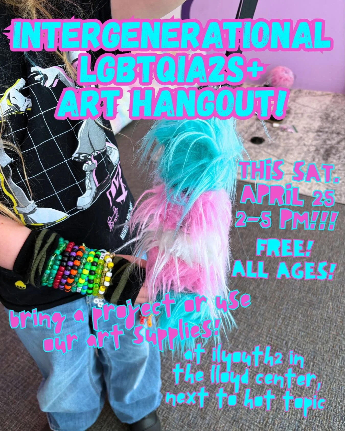 🌈✨ THIS SATURDAY 2-5pm is our last Intergenerational LGBTQIA2S+ Art Hangout in the mall 🥲!!!! It&rsquo;s time for queer and trans folks of all ages to just hang out and craft together! Bring a project/sketchbook, or use our collage and shrinky dink