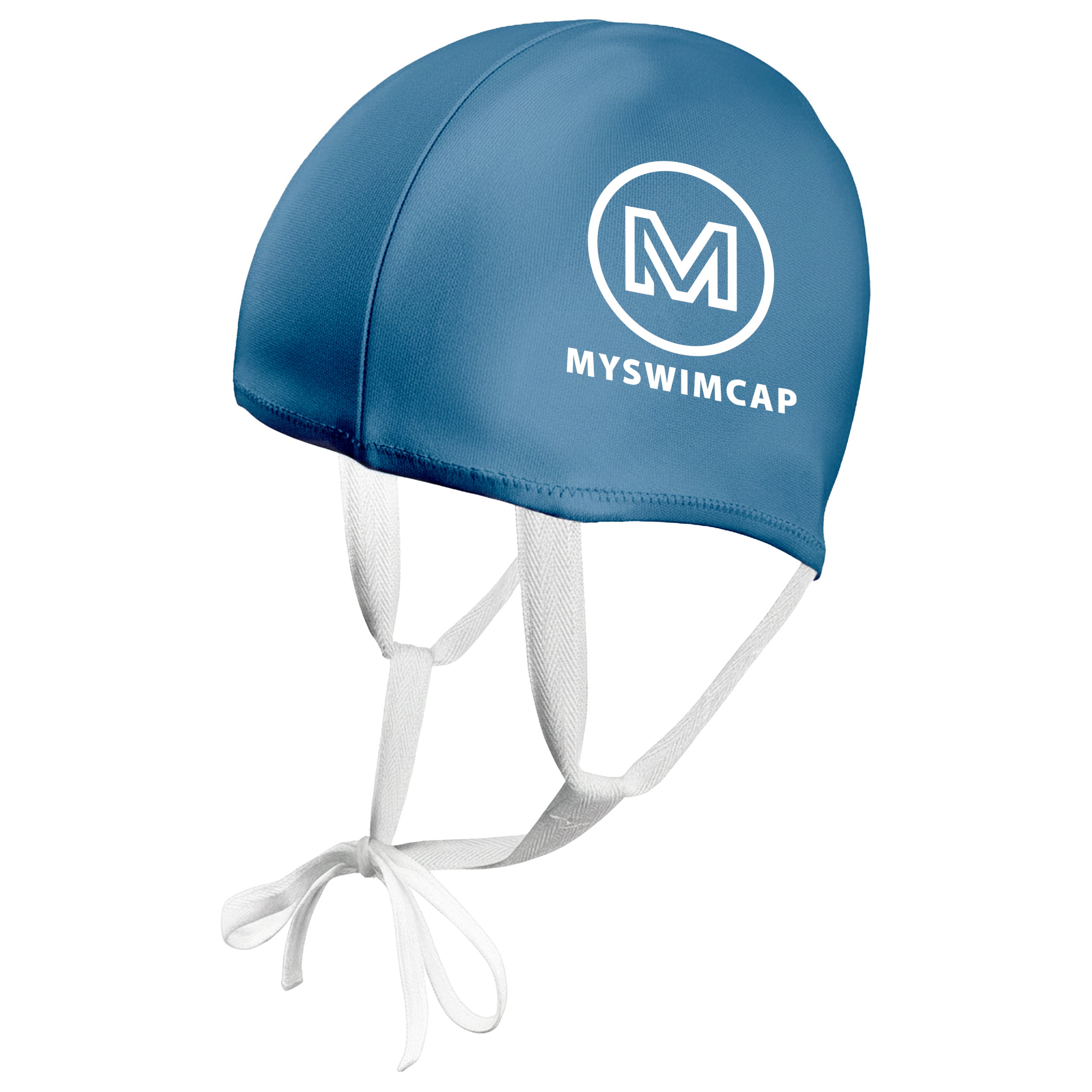 A blue swim cap with the logo and text "MYSWIMCAP" in white, hanging by its white chin strap.
