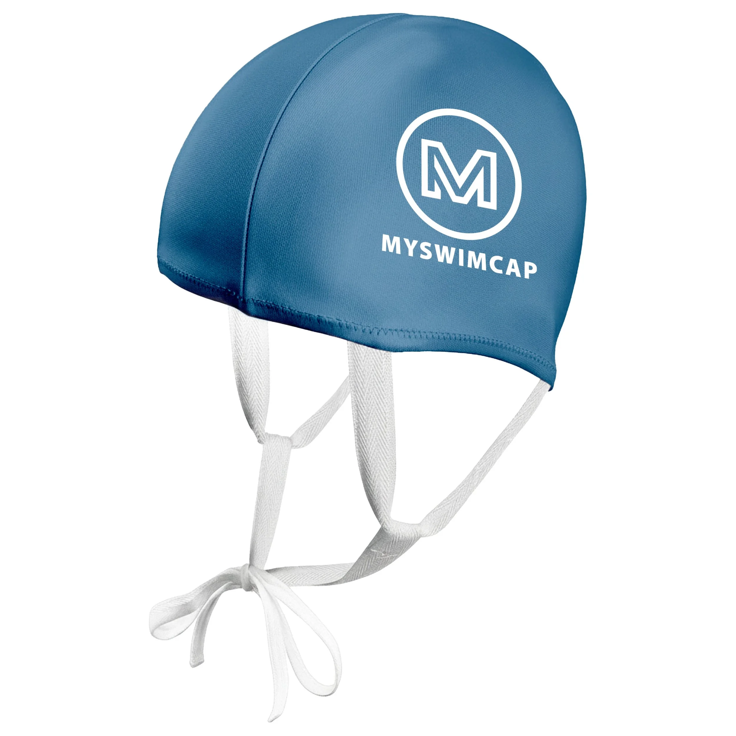 Blue swimming cap with white ties and white logo reading 'MYSWIMCAP' and a stylized 'M' in a circle.