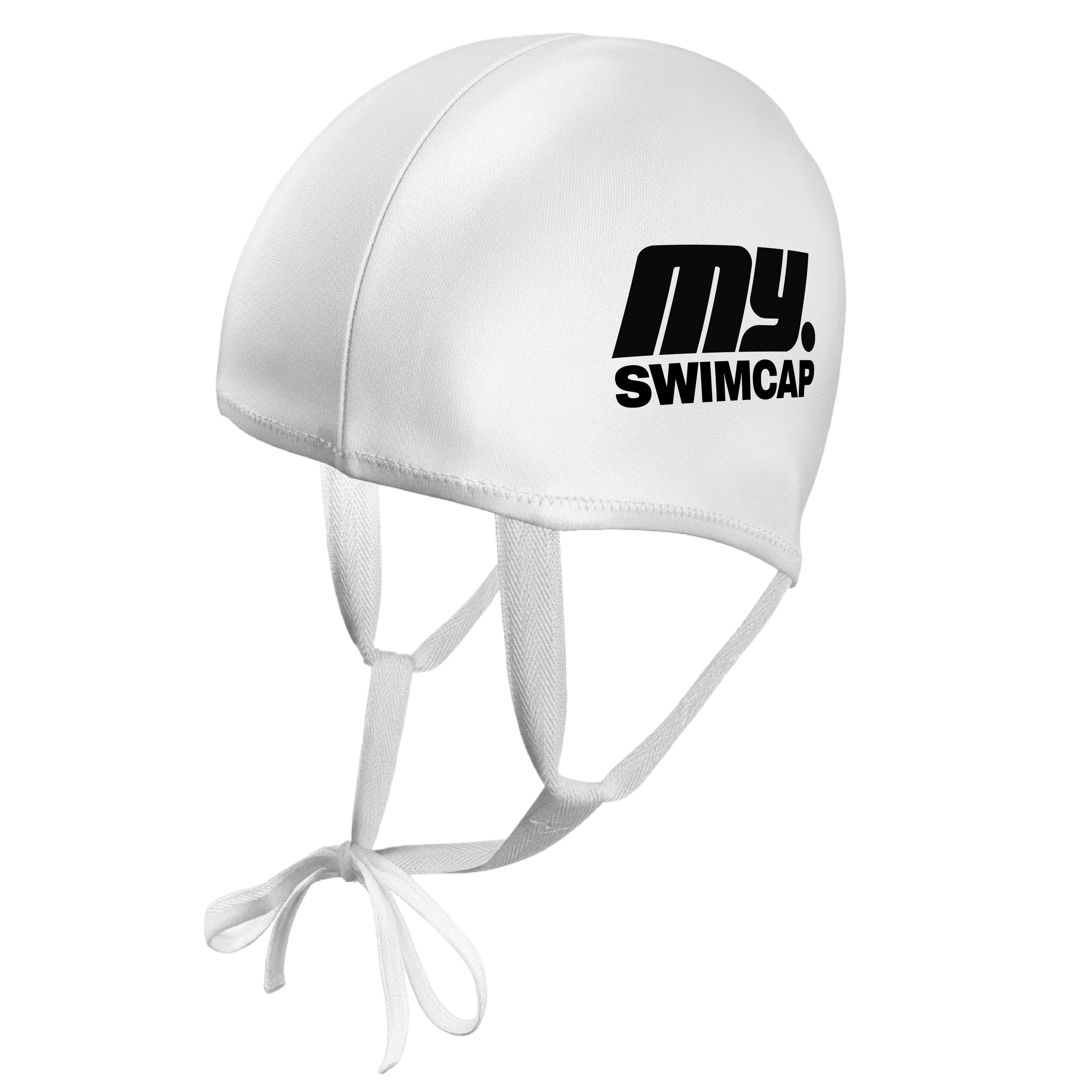 Blue swimming cap with white ties and white logo reading 'MYSWIMCAP' and a stylized 'M' in a circle.